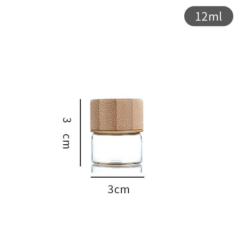 Botella de reactivo de la píldora de muestra de tapa de madera de bambú al por mayor, botella de embalaje de azafrán de boca de tornillo, botella de control de borosilicato de 30mm de diámetro