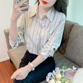 时尚条纹衬衫女长袖2025秋季新款洋气显瘦女士衬衣宽松设计感上衣