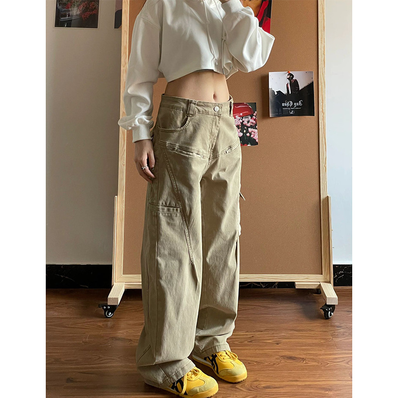 American Style Retro Washed Tooling Lumber Pants Women's Summer Street Loose Wide Leg Pants High Waist Slimming Casual Straight Pants