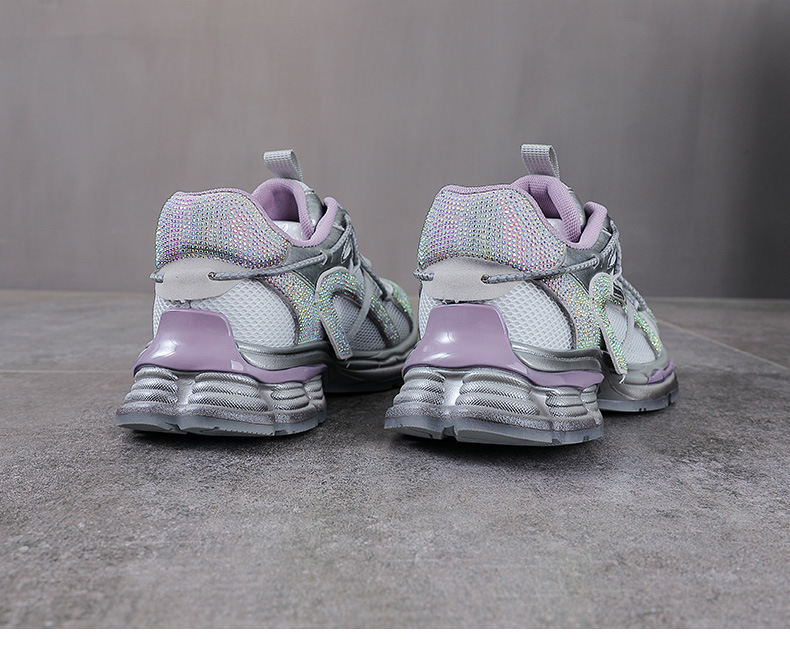 Giày sneaker nữ chunky đế dày, lưới thoáng khí, phối đá đính, phong cách thể thao — màu xám chi tiết 15