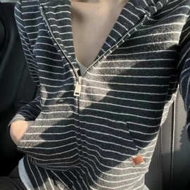 美式复古条纹拉链连帽针织毛衣外套女秋冬高级感上衣