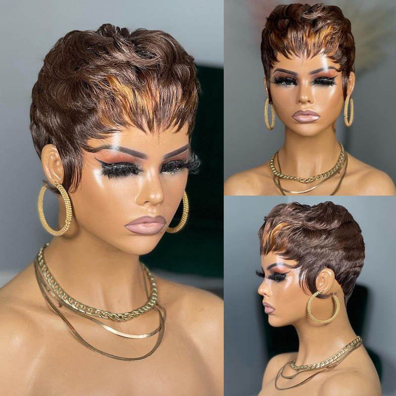 in stock foreign trade black hair 180 density 9 mechanism capable short hair wig elf haircut full human hair wig