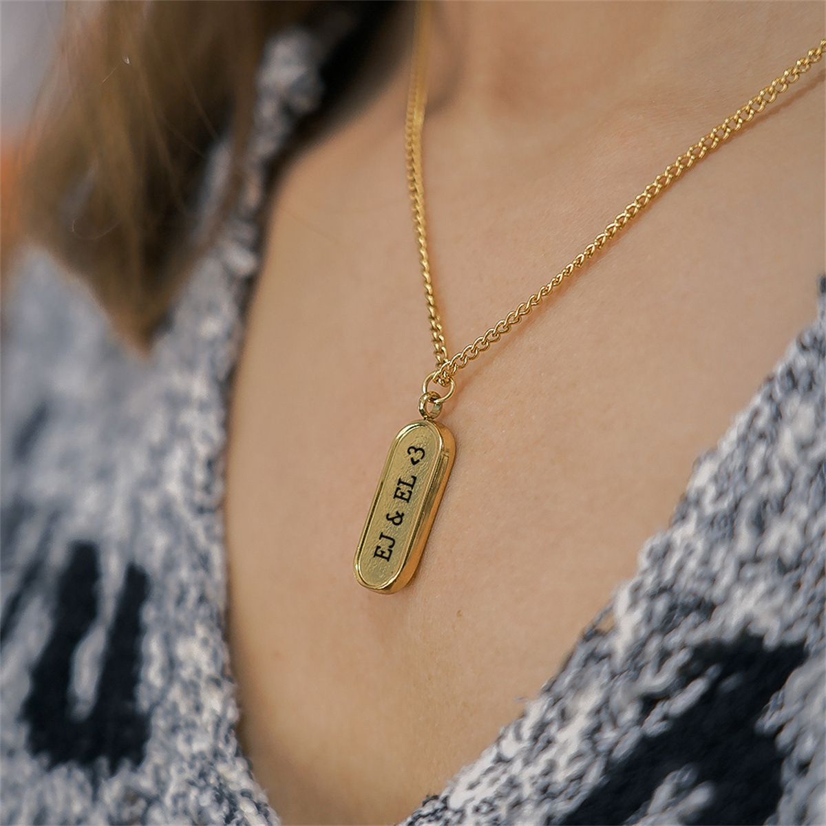 欧美时尚复古立体椭圆项链 简约百搭可刻字几何锁骨链