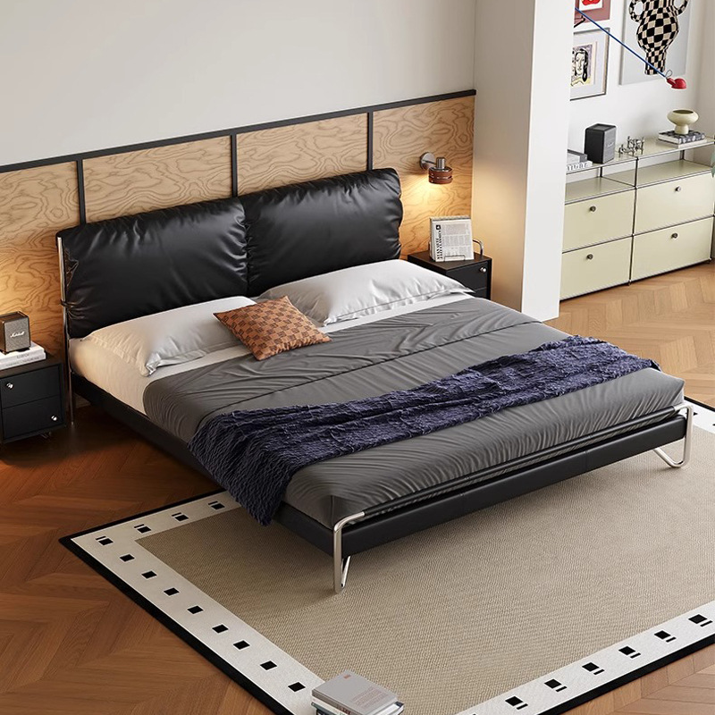 Bauhaus estilo cama de cuero retrógrado cama principal cama queen italiana minimalista cama de paquete negro cama doble cama de matrimonio 2025 nuevo