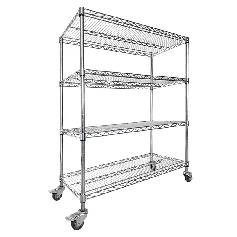 倉庫クロームメッキステンレス鋼棚ホイールラインメッシュモバイル収納ラック家庭用収納モバイル棚ディスプレイ棚