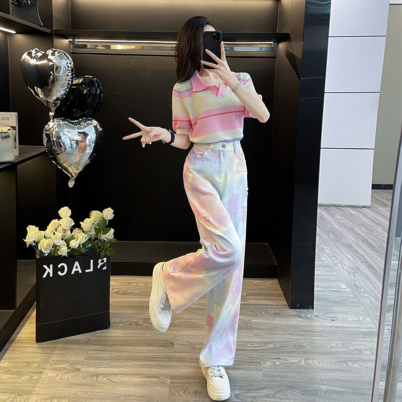 Women's suit Summer Dopamine Stripe Knitwear Fashion Casual Jeans Two-Piece Set