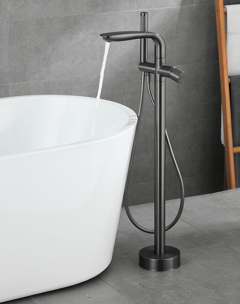 All-copper gun, grey floor-standing bathtub, faucet, independent hot and cold column basin, wooden bucket, shower head, light luxury undefined