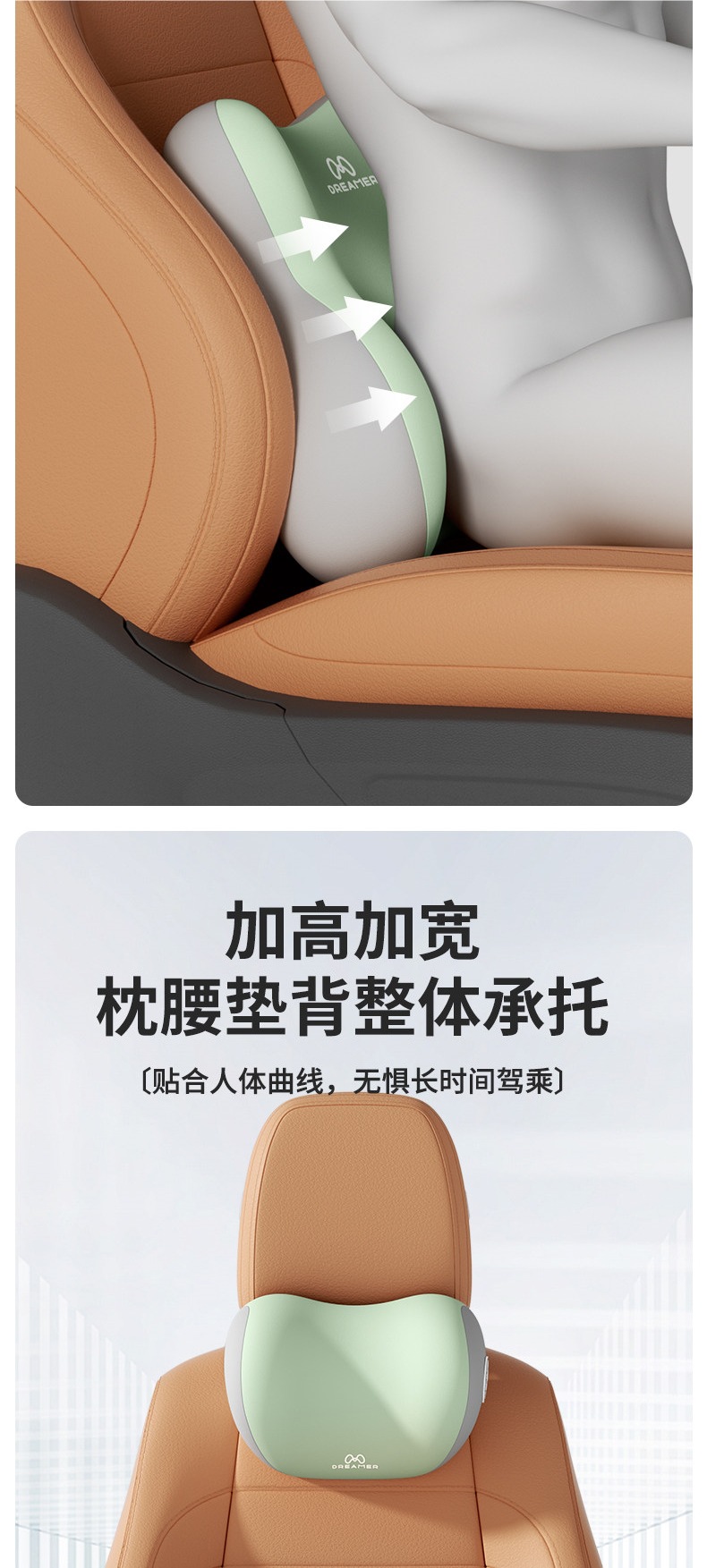 Zhimengren Car Headrest and Lumbar Support Set Car Seat Back Cushion In-Car Lumbar Pad Neck and Waist Support Set