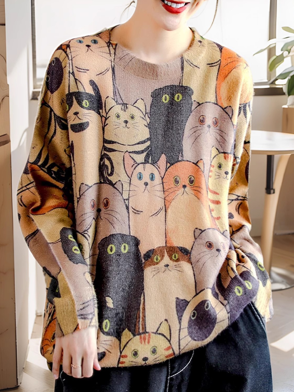 Otoño y invierno suéter de tamaño grande patrón de dibujos animados chaqueta suelta perezosa gato de moda de punto de cuello redondo medio largo image 1