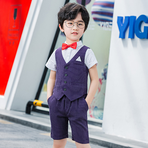 Children's dress, boy's short-sleeved striped vest set, Korean style summer new fashion flower girl host performance clothing dropshipping
