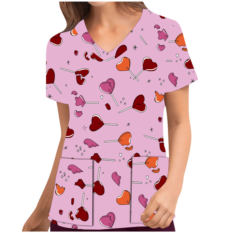 Christmas Thanksgiving Short Sleeve V-neck Nurse Top Women's Short Sleeve V-neck Top Work Clothes Christmas Thanksgiving Shirt