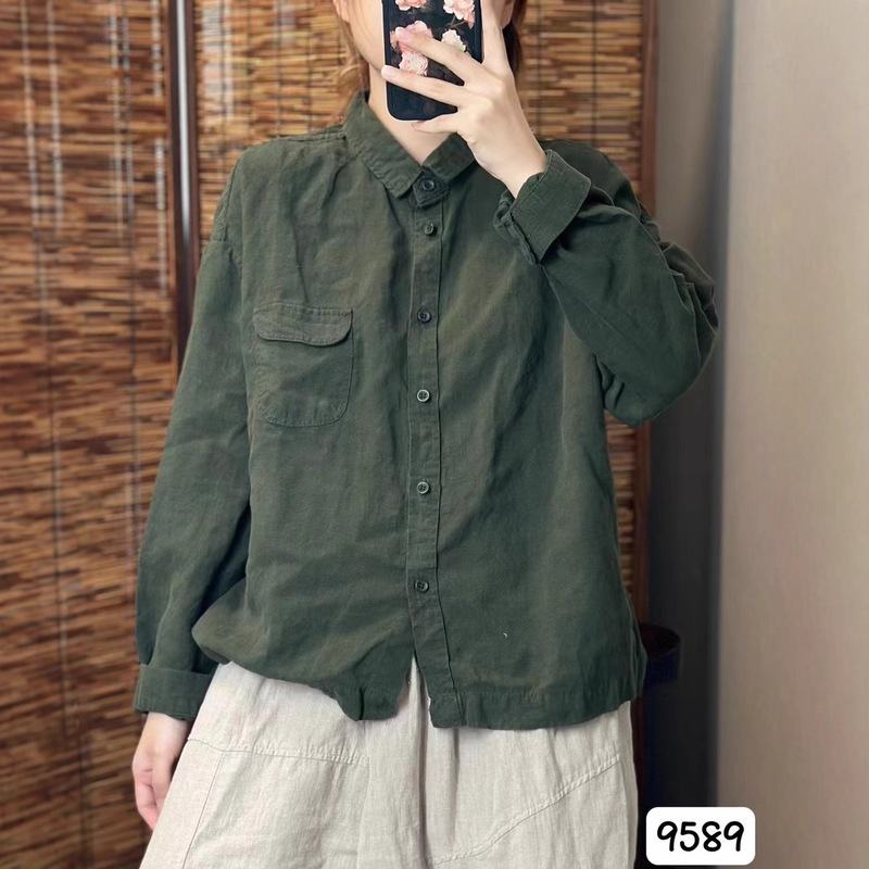 早秋新品宽松百搭休闲时尚长袖开衫纯亚麻气质衬衫女|undefined