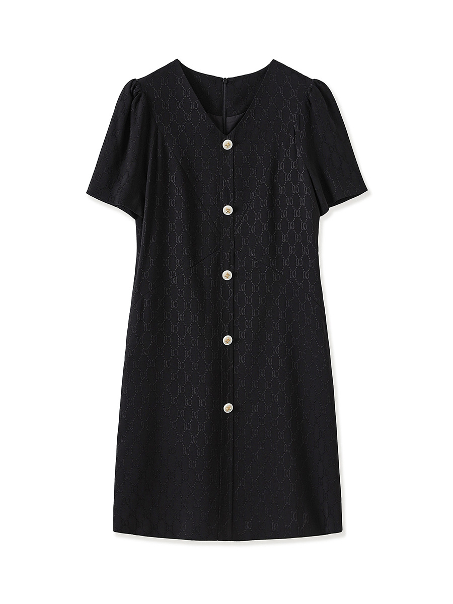 Váy chữ A tay bồng chất liệu jacquard cao cấp tôn dáng — Màu đen