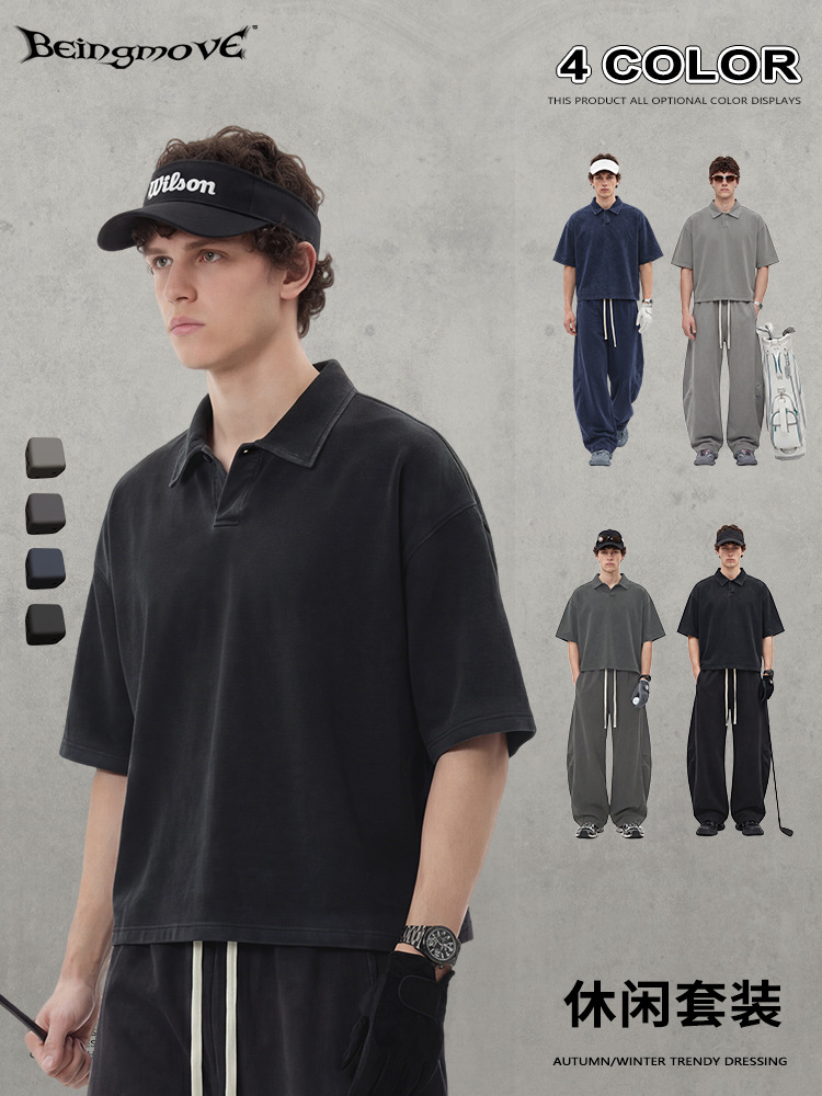Calle secada| Retro polo hecho vieja solapa mangas cortas cimeta recto pantalones largos boxy dos piezas juego deportivo