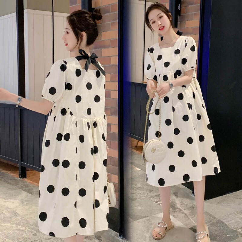 Maternity Summer Loose plus size Fashion Polka Dot Western Style Square Collar High Waist Long Dress Trendy Mom Polka Dot Pregnant Women's Dress Summer