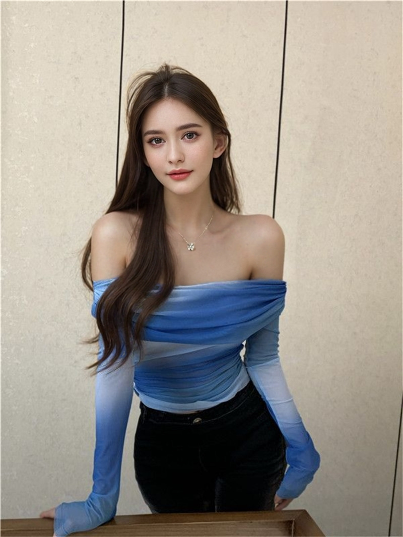 Women's Ombre Gradient Mesh Off Shoulder Top, Long Sleeve Ruched Sheer Blouse_ecoleips.com