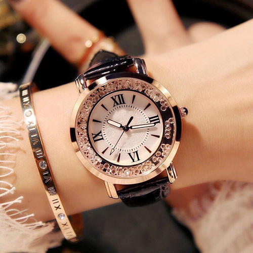 Trendy Lady Watch with Flowing Water Diamond Strap, Fashionable Casual Student Simple Strap Roman Numerals Watch