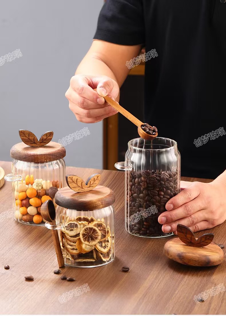 条纹玻璃储物罐,厨房香草香料带勺,木盖玻璃密封罐,代发食品储物罐