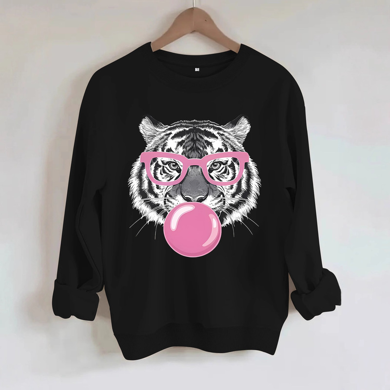 Amazon Cross-Border Round Neck Sweatshirt Women's Autumn and Winter Foreign Trade Tiger Bubble Gum Pattern Printed Casual Loose Sweatshirt