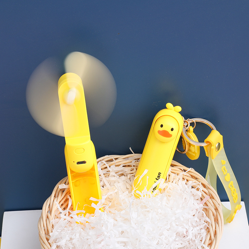 Cute little yellow duck fan portable mini keychain cartoon student dorm handheld small USB charging