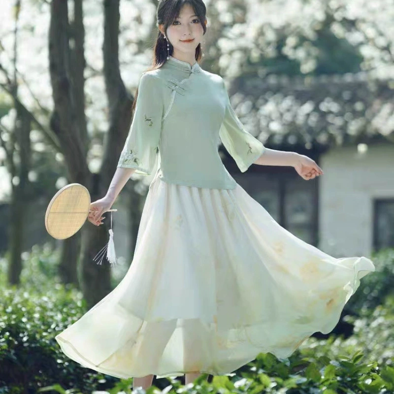 Новое китайское платье в стиле Хань с элементами дзен, чайное платье Cheongsam в стиле Республики Китай, улучшенная ретро-литература Ханфу
