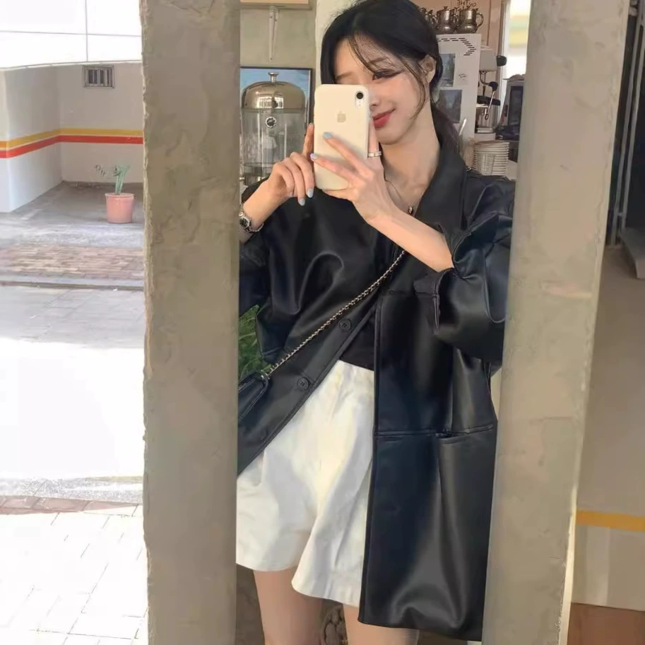 Корейский шикарный стильный кожаный тренч для женщин на раннюю осень и зиму, простой, универсальный, элегантный, свободного кроя.