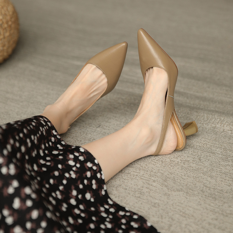 Huiyang French retro Baotou sandals women's medium heel soft leather stiletto high heels pointed toe summer new style_vogarts.com