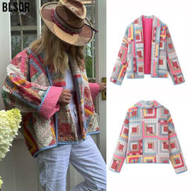 跨境2024亚马逊秋冬新款欧美宽松开衫绗棉拼色格子棉衣外套D15836