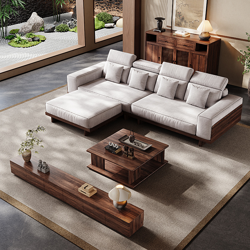 Medieval Style Leather Sofa Italian Black Walnut Sofa Fabric Retro Solid Wood Living Room Light Luxury Small Apartment House