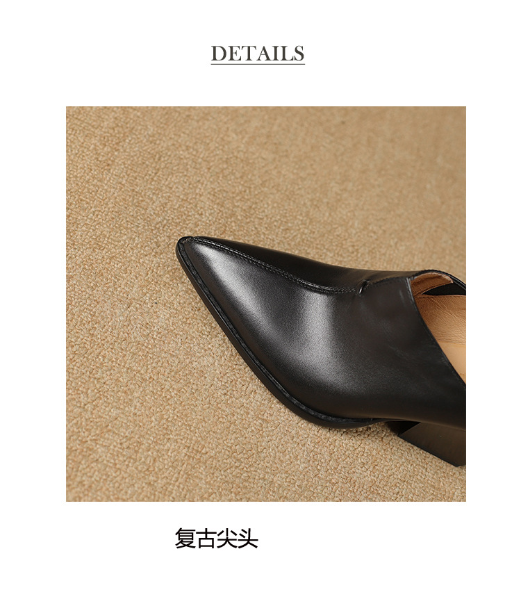 Giày mule nữ da bò mũi nhọn gót cao 7 cm phong cách Âu Mỹ — đen chi tiết 17
