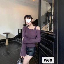 韩系复古钩花露肩针织衫秋季慵懒风高级感设计感毛衣