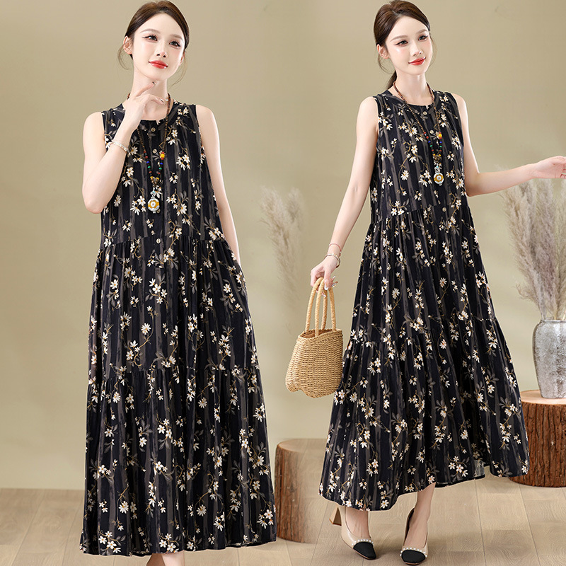 French Fashion Dress for Women Summer 2025 New Loose Large Size Extra Long Cotton Silk Floral Vest Skirt