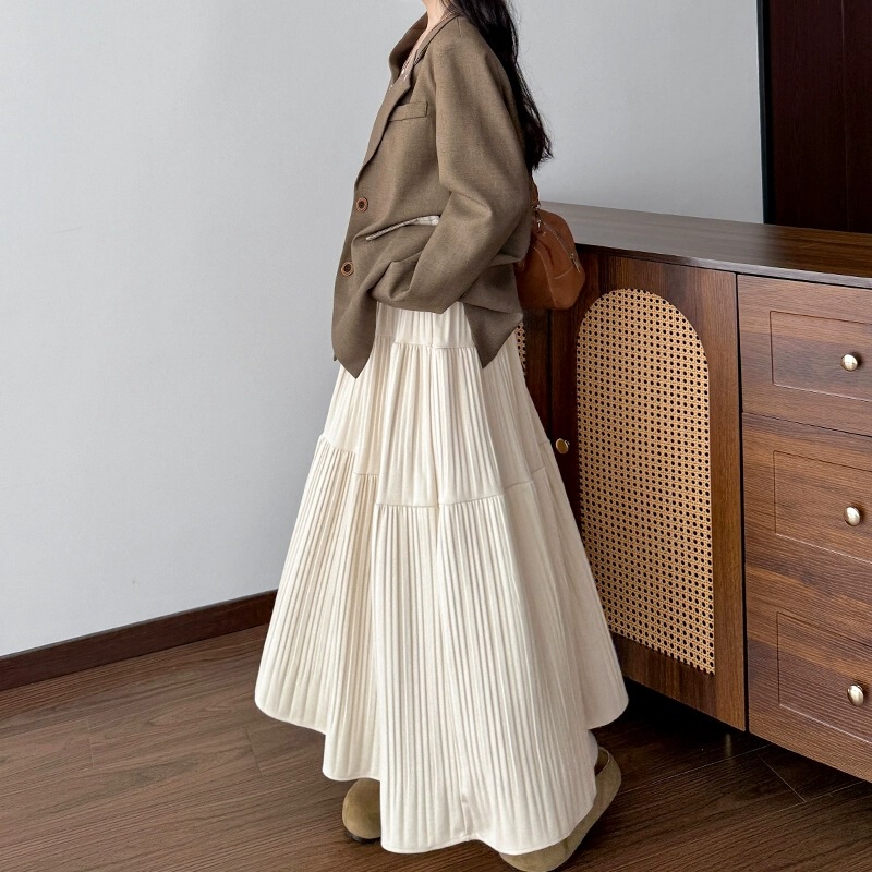 Accordion Pleated Long Skirt Autumn and Winter Women's Large Hem Skirt Umbrella Skirt A-Line Skirt Cake Three-Layer Thickeneded Pleated Splicing Skirt
