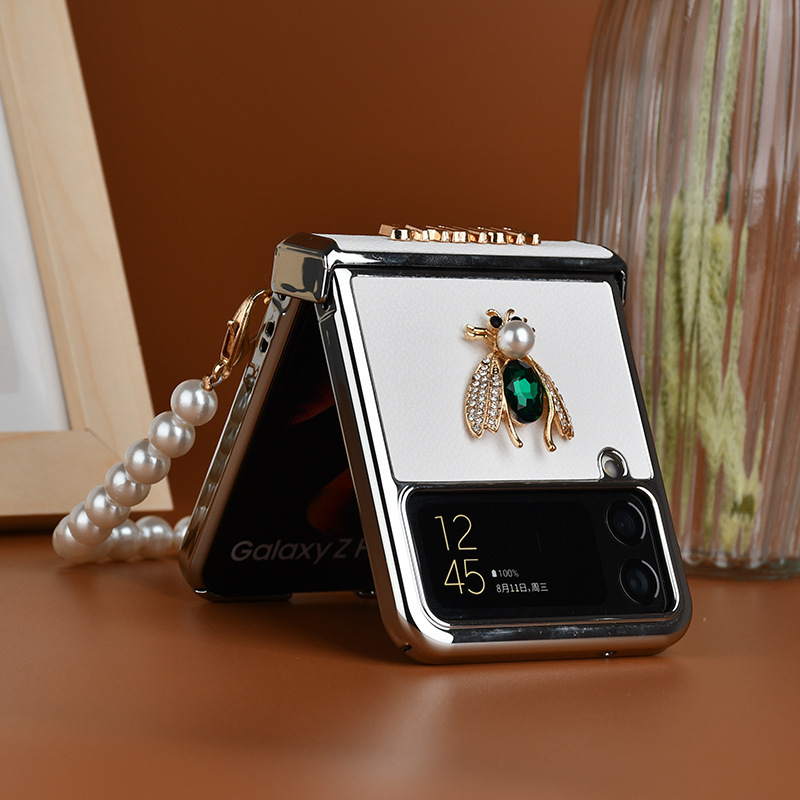 Crystal Bee Mobile Phone Case for Samsung zflip4 Folding Screen Luxury Leather Pearl Portable Drop-resistant Protective Case
