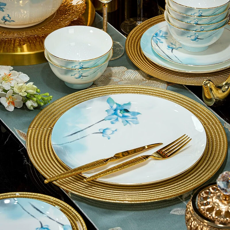 Jingdezhen high-end embossed gold-rimmed dishes and plates household ceramic tableware set underglaze color ceramic housewarming gifts
