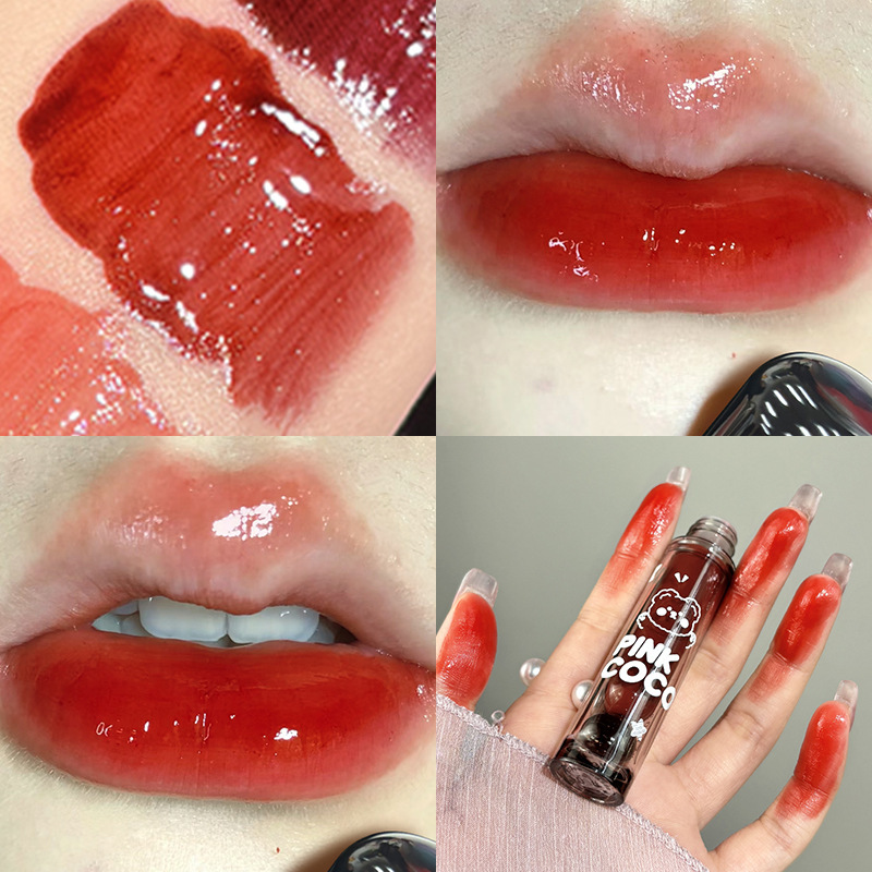 PINKCOCO熊ブツブツ鏡面唇釉薬色落ちしない水光唇彩学生党白すっぴん顔色口紅|undefined