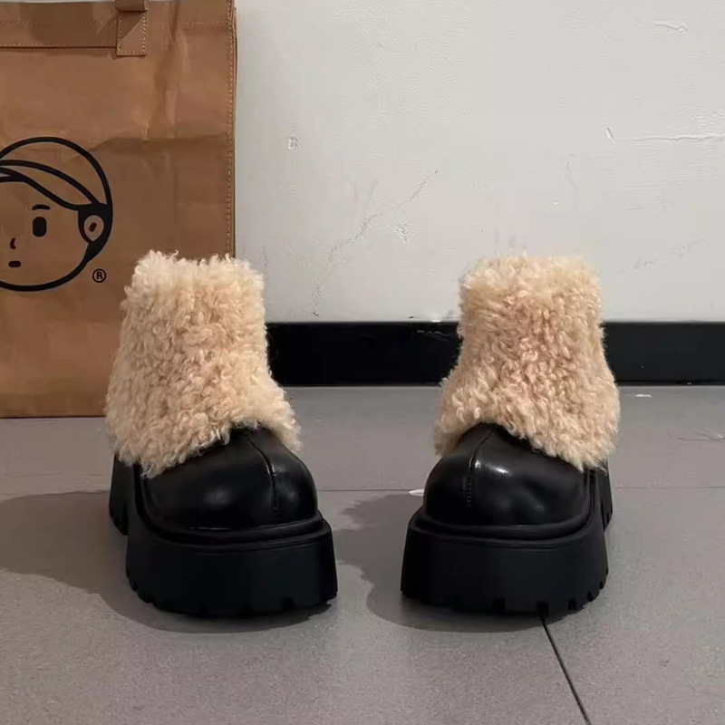 Korean Style Velvet Thick-Soled Furry High-Heeled Short Boots for Women Autumn and Winter Brown Snow Boots 2025 New Cotton Boots