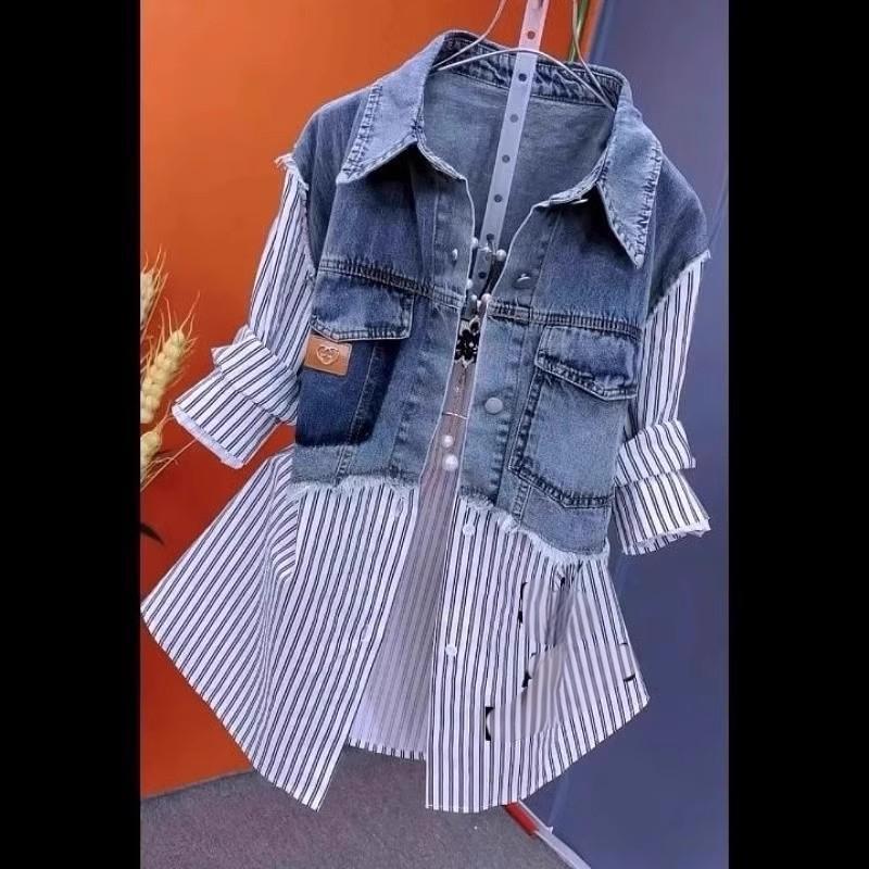 ⭐ Jacket 2025 Design Retro New Denim Outer Wear Casual Splicing Striped Shirt Vest Top Can Cover the Belly