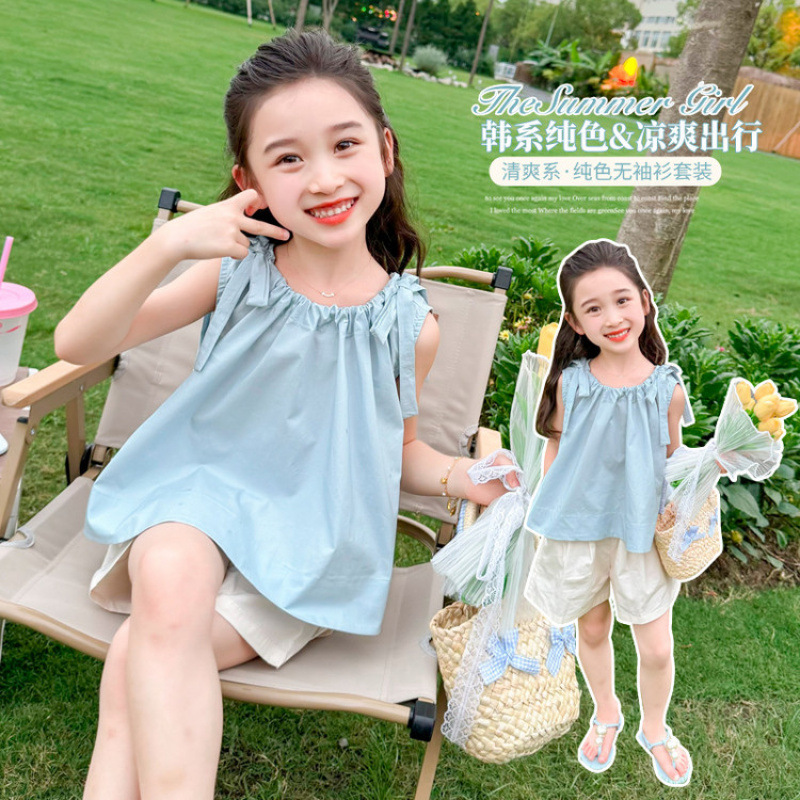 女の子サスペンダースーツ夏 2025 新しいファッショナブルな子供カジュアル夏服女の赤ちゃんショーツ 2 点セット