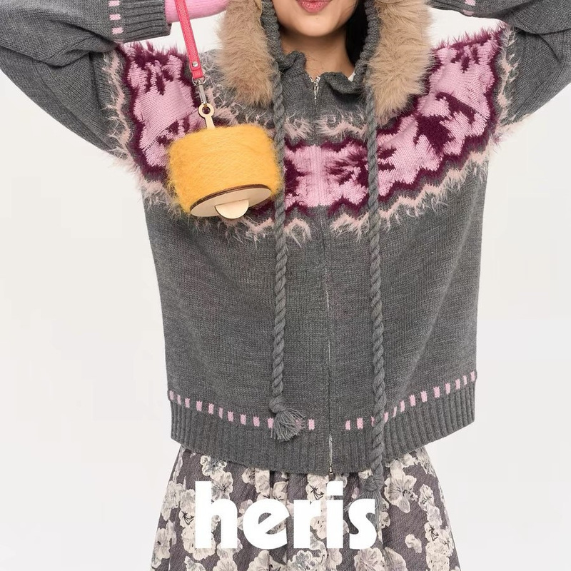 Heris Penguin Friend Jacquard Sweater Jacket Detachable Imitation Raccoon Fur Collar Hand-Knitted Rope Zipper Cardigan