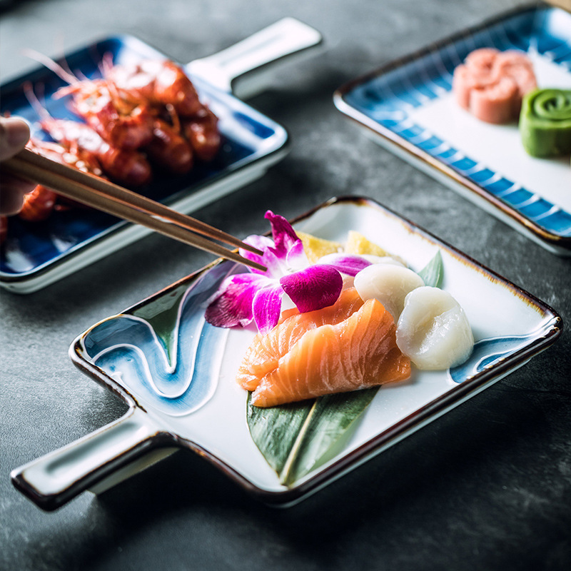 Japanese Style Ceramic Plate with Handle Square Cheese Baked Rice Plate Household Oven Baking Plate Western Restaurant Dim Sum Tableware Dish