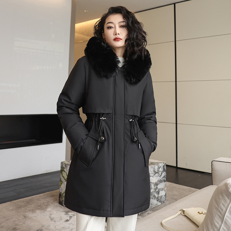 Comercio exterior ropa de algodón de mujeres mediana larga tirada para superar 2023 gran cuello encapuchado chaqueta de algodón de plumón de invierno abrigo cálido