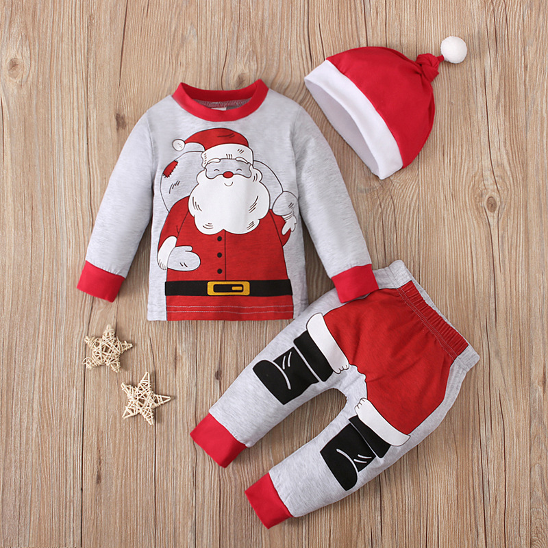 Boys And Girls Spring And Autumn Santa Claus Gray Long-sleeved Top + Trousers + Hat Three-piece Suit Children's Clothing_voghion.com