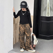 女童装春秋时髦洋气t中大儿童女孩豹纹工装裤长袖T恤两件套装