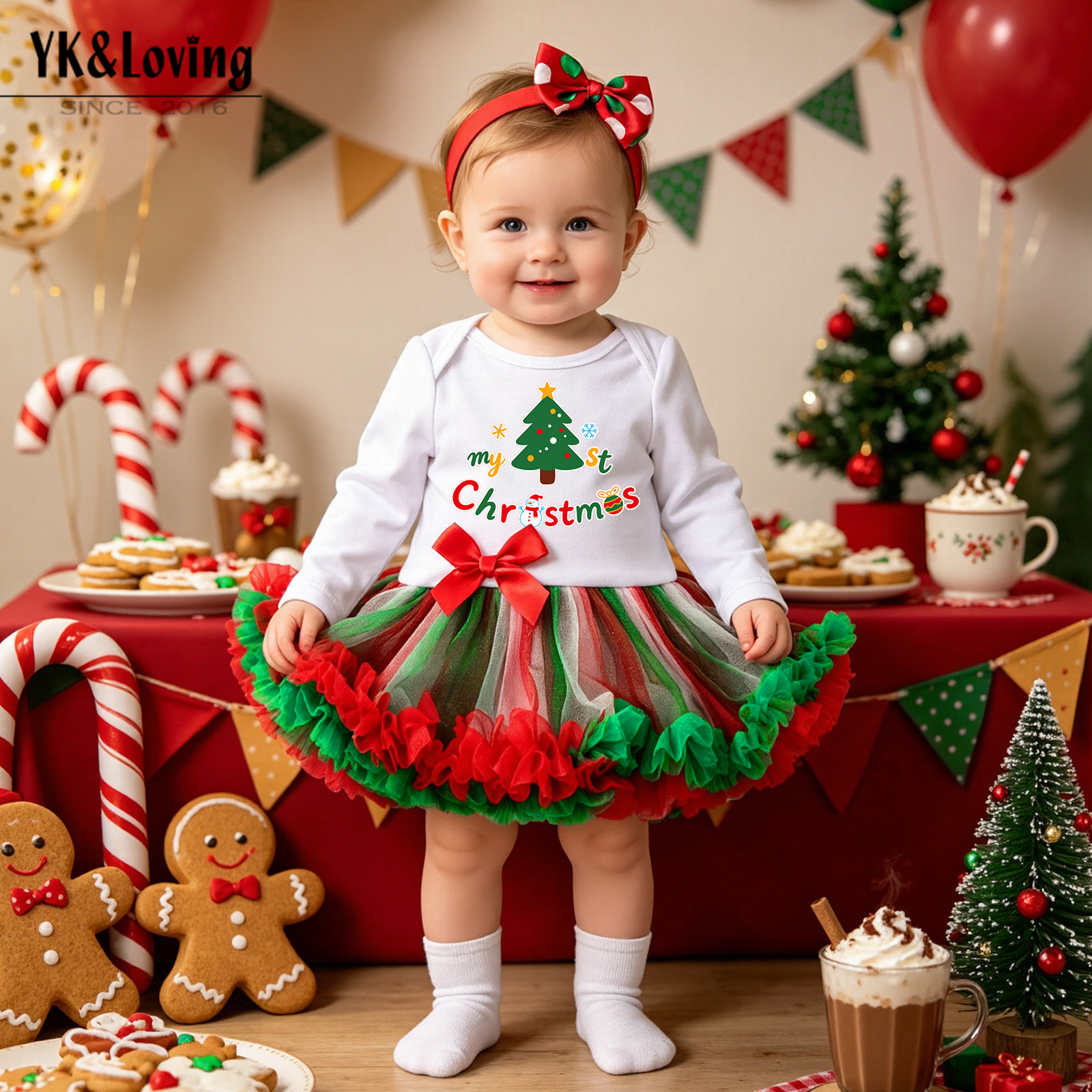 Baby Christmas long-sleeve romper with tulle skirt "my first Christmas" baby holiday photo dress three-piece set
