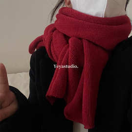 纯色围巾女冬季韩版百搭红色针织毛线可爱新年礼物日系围脖男韩系