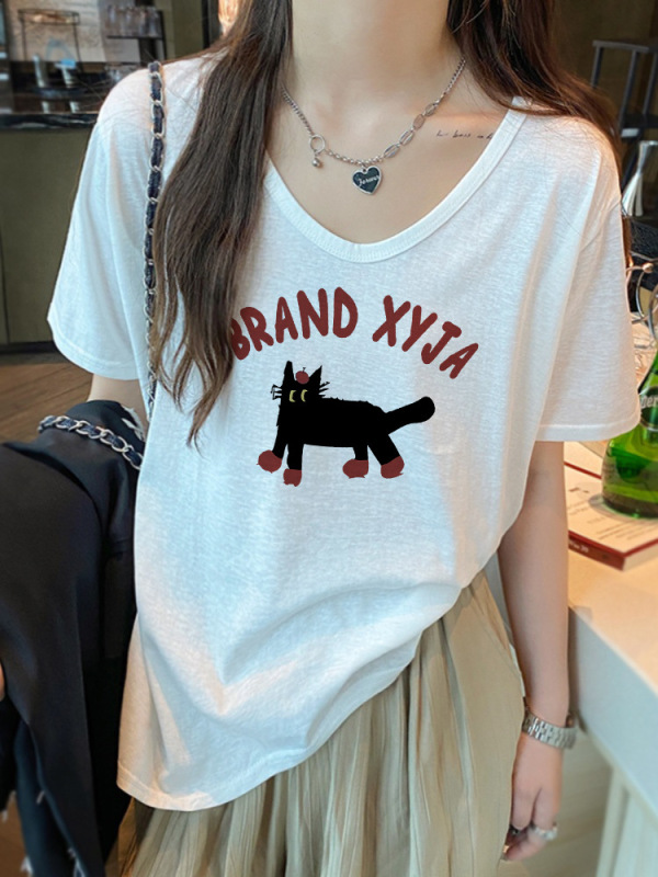 美式复古正肩V领短袖t恤女夏季竹节棉薄款大码宽松显瘦上衣小个子|undefined