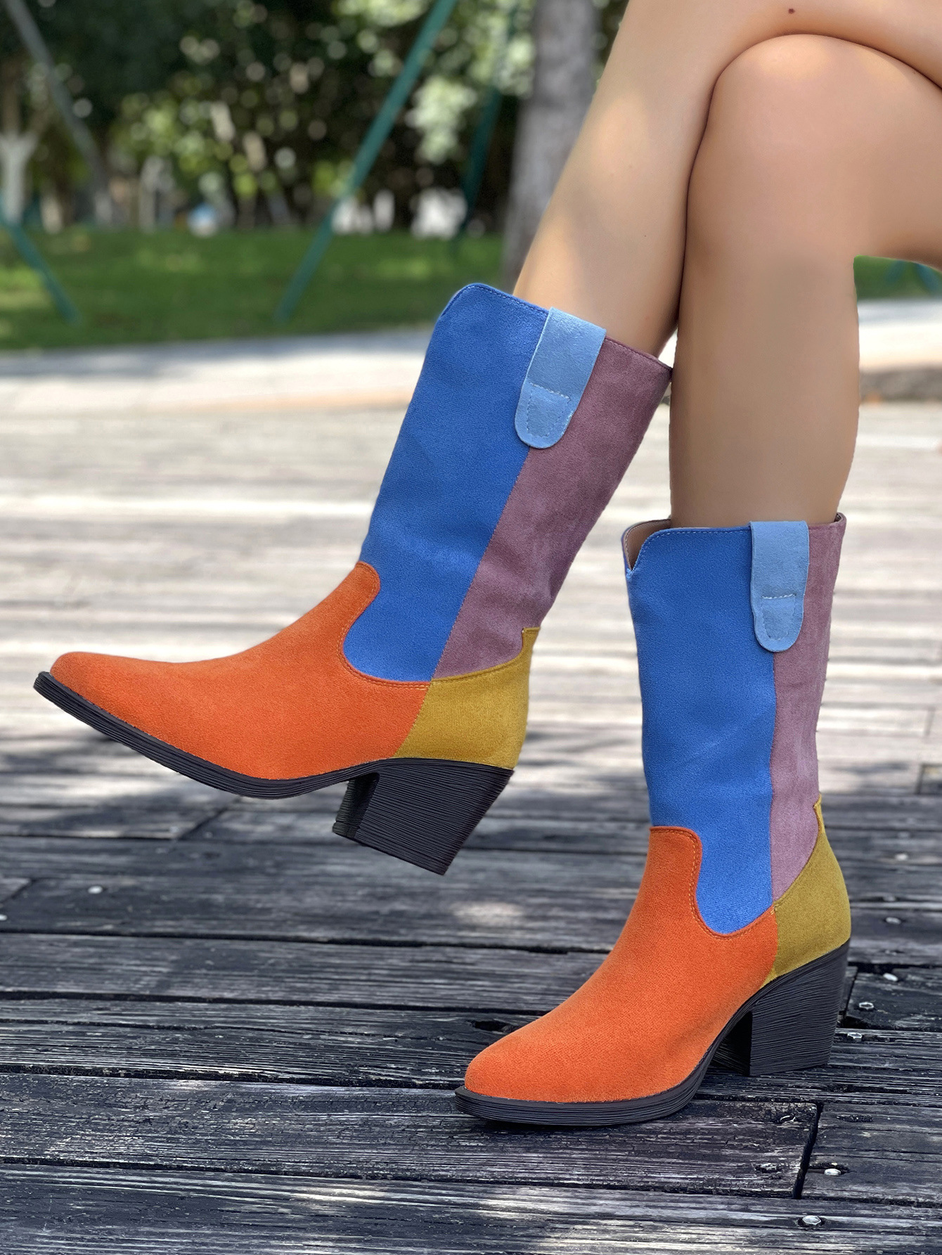 Women's Cowboy Boots Colour Blocked Pointed Toe Mid Heel Western_voghion.com