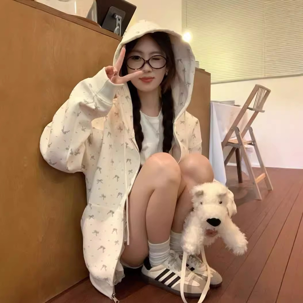 Floral Zipper Cardigan Sweatshirt Jacket for Women Spring and Autumn 2026 New Style Oversize Loose Lazy Style Long-Sleeved Top