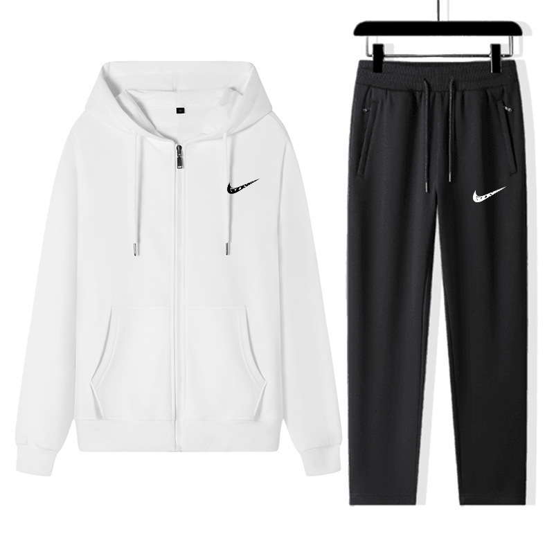 Spring and Autumn Men's Sports Casual Suit Zip-Up Hooded Cardigan Solid Color Sweatshirt Jacket Straight-Leg Pants Sportswear